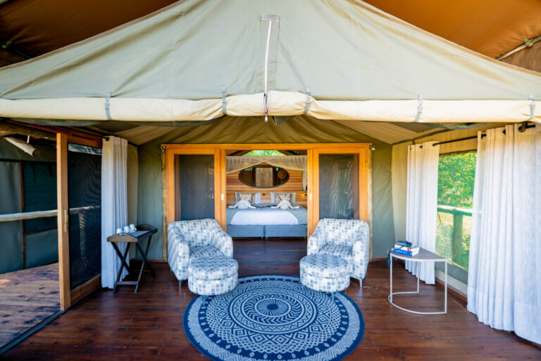 Luxury safari tent with two armchairs and a view of the bedroom at Mma Dinare Camp.