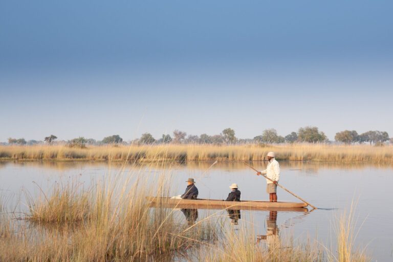 Two guests and a guide in a mokoro canoe surrounded by reeds in the Okavango Delta.