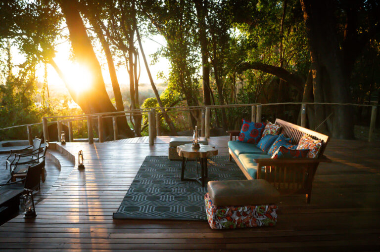 The main area at Nxamaseri Island Lodge at sunrise