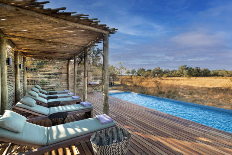 Luxury poolside deck with cushioned lounge chairs under a wooden pergola, overlooking the African bush.