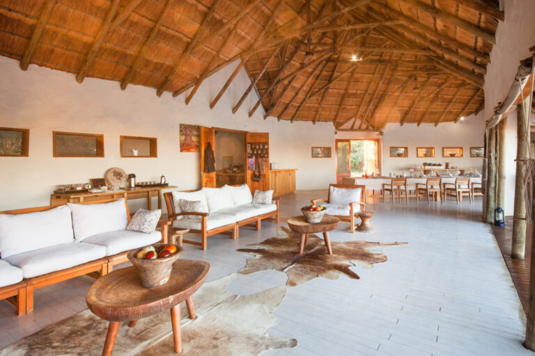 Thatched-roof open lounge with seating and dining area overlooking the plains.