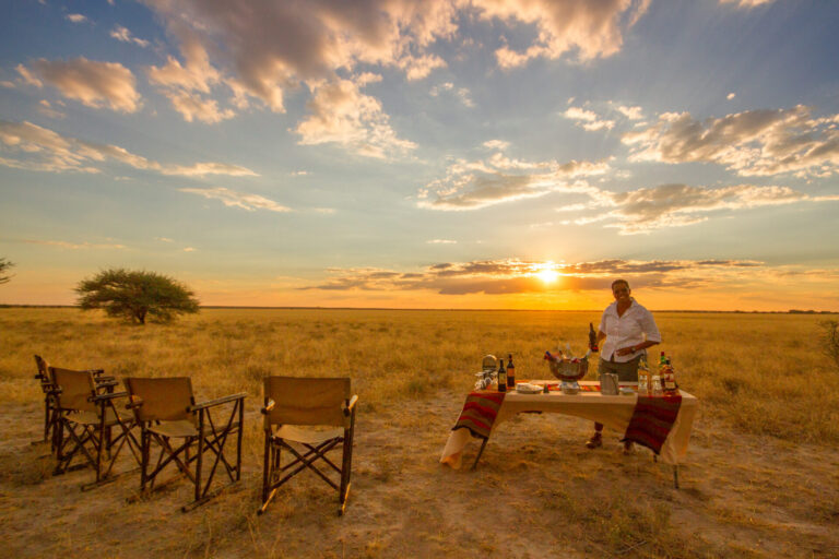 Safari guide setting up a sundowner table on the open plains at Tau Pan Camp.