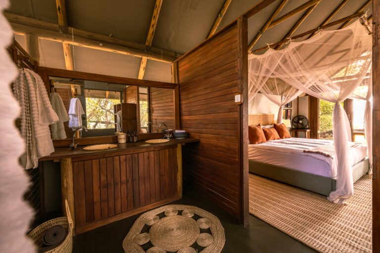 Ensuite bathroom in spacious tent at Okavango Horse Safari.