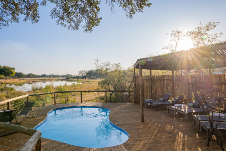 Swimming pool and loungers on a wooden deck overlooking wetlands at Four Rivers Camp.
