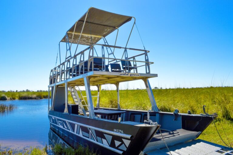 Double decker barge for views over the Okavango Delta in Moremi Game Reserve.