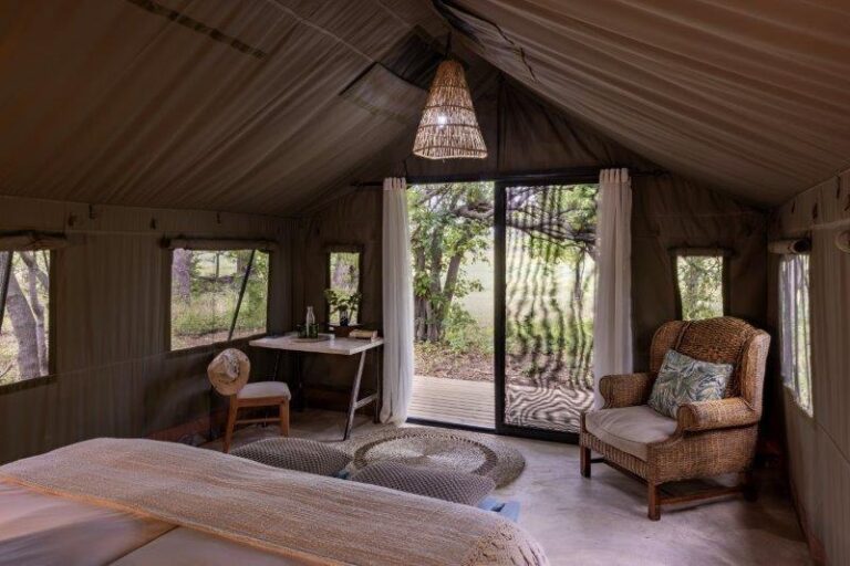 Ensuite canvas tent with views onto the Mbudi River in the Khwai concession.