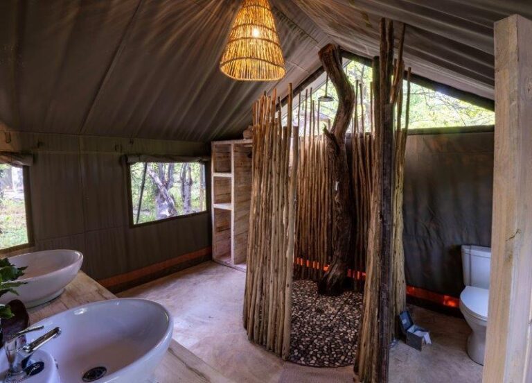 Ensuite bathrooms with shower in shaded canvas tents at MmaTsebe.