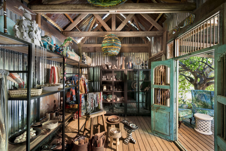 Curio shop with handmade crafts and local artwork at Linyanti Bush Camp in Botswana.