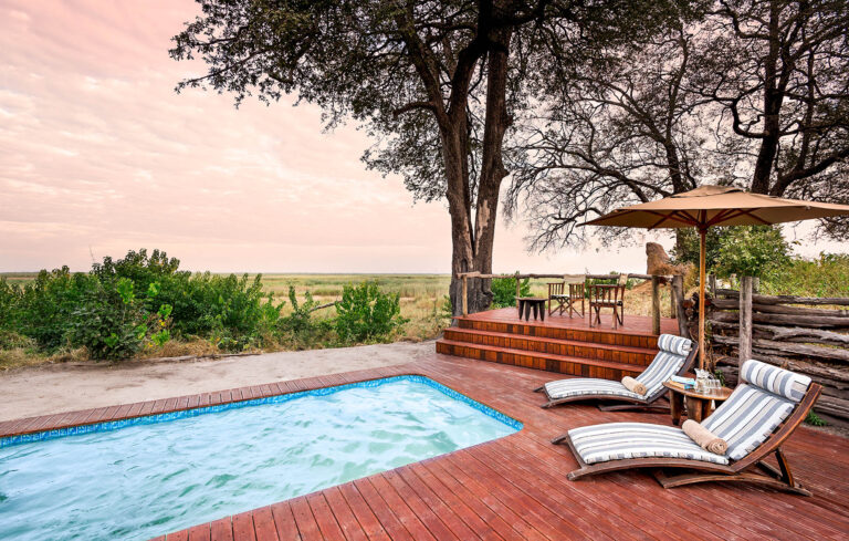 Swimming pool with deck chairs and umbrella overlooking the bush at Linyanti Bush Camp in Botswana.